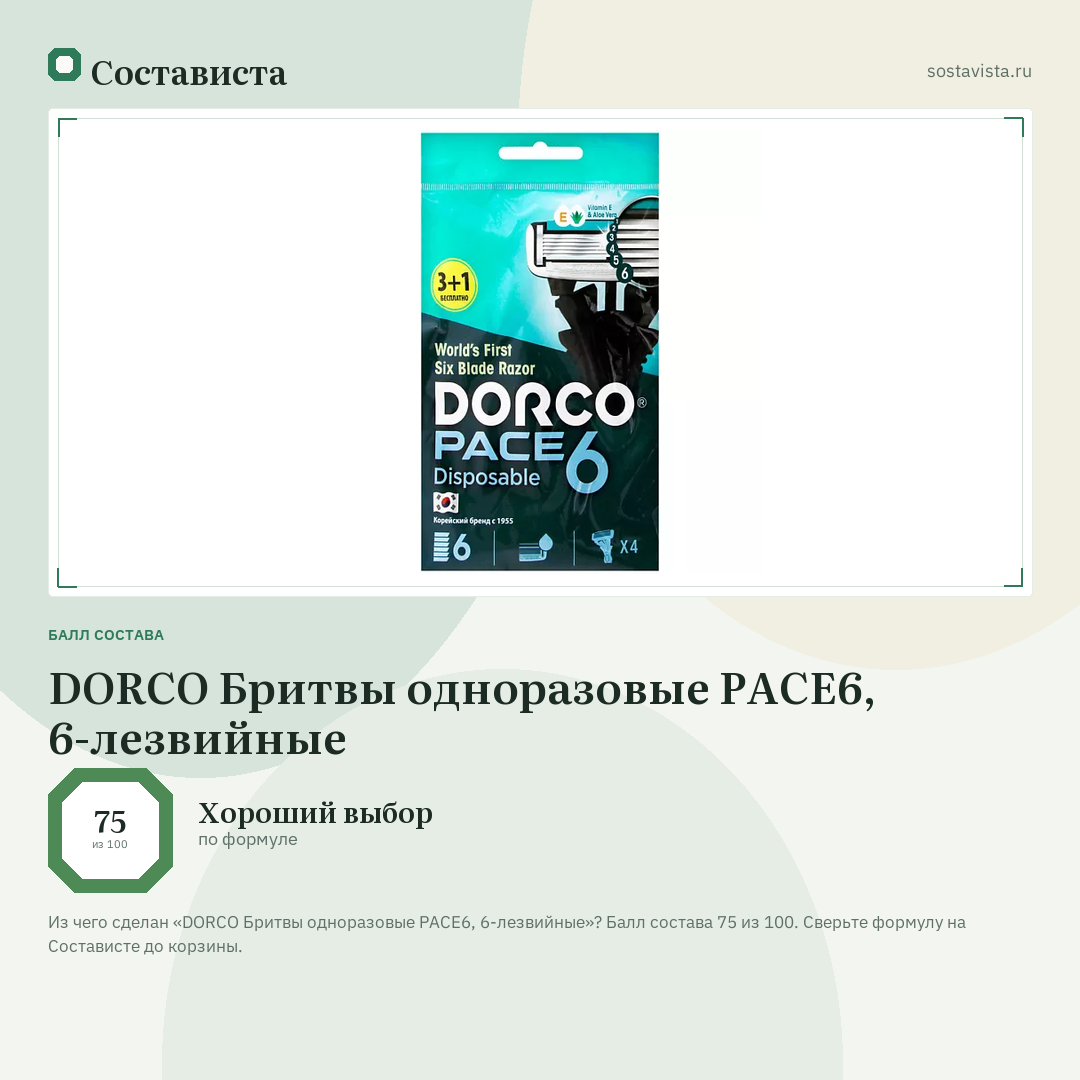 DORCO Бритвы одноразовые PACE6, 6-лезвийные: балл состава 75 из 100 — Состависта