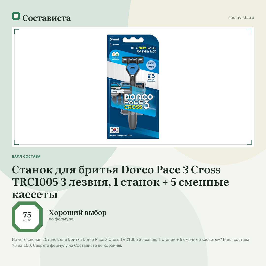 Станок для бритья Dorco Pace 3 Cross TRC1005 3 лезвия, 1 станок + 5 сменные кассеты: балл состава 75 из 100 — Состависта