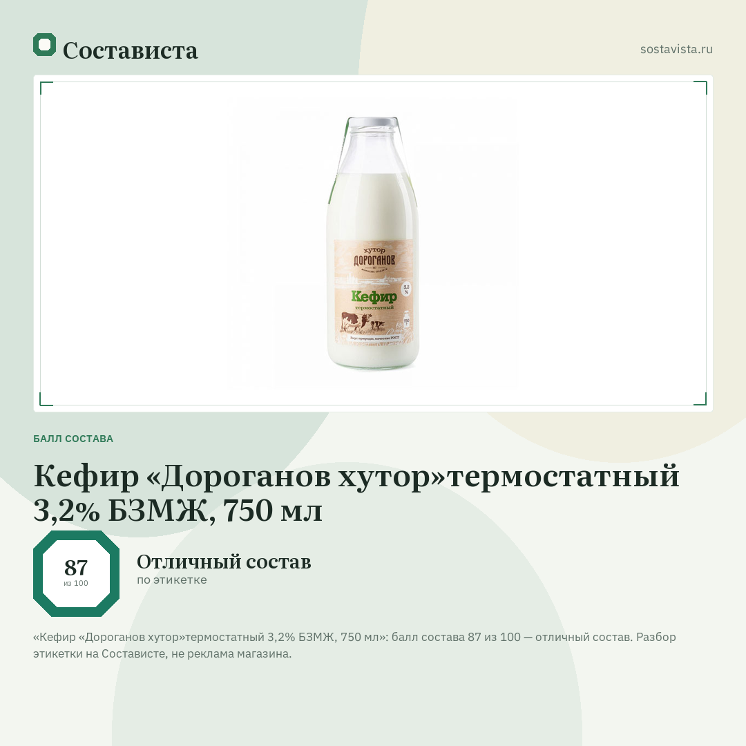 Кефир «Дороганов хутор»термостатный 3,2% БЗМЖ, 750 мл: балл состава 87 из 100 — Состависта