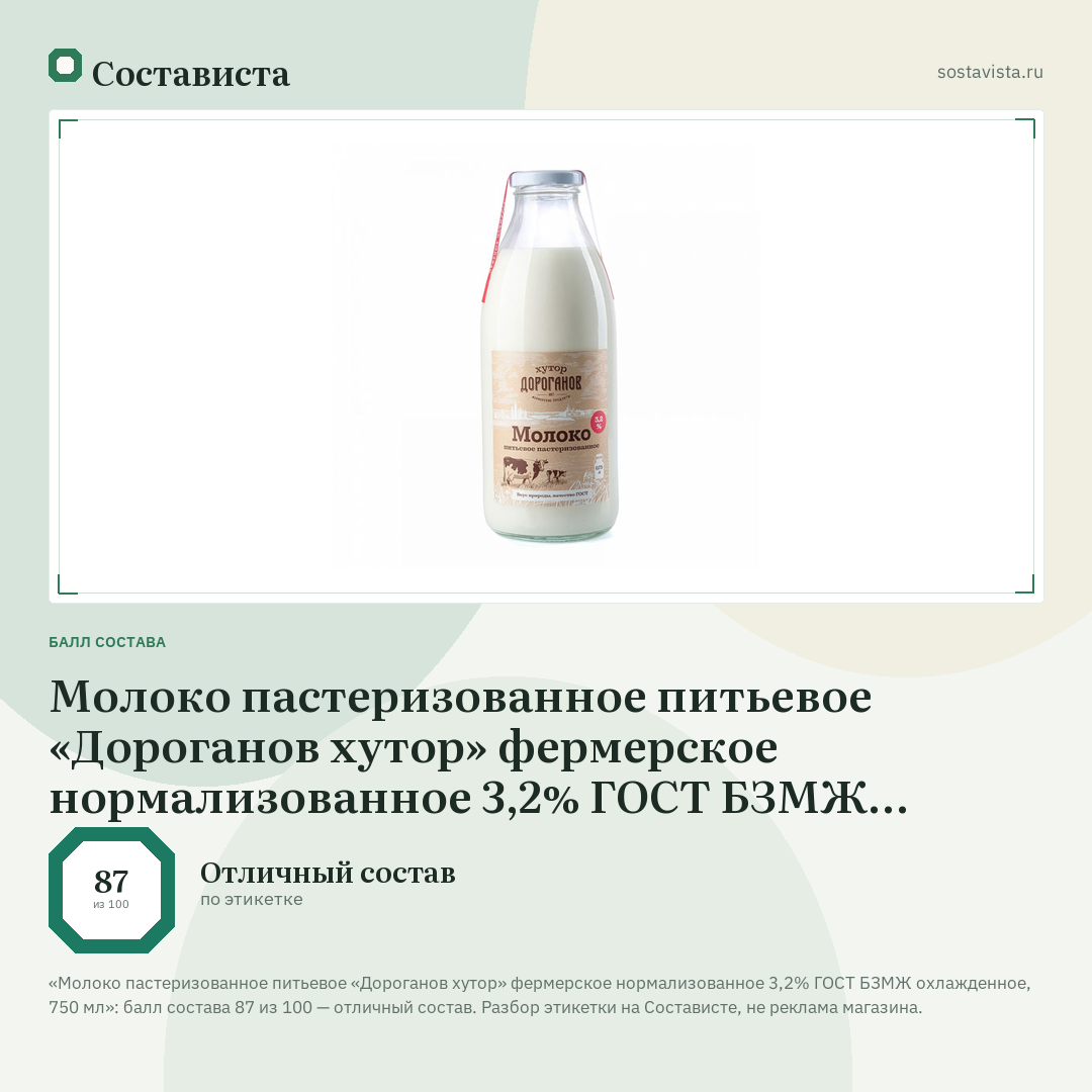 Молоко пастеризованное питьевое «Дороганов хутор» фермерское нормализованное 3,2% ГОСТ БЗМЖ охлажденное, 750 мл: балл состава 87 из 100 — Состависта