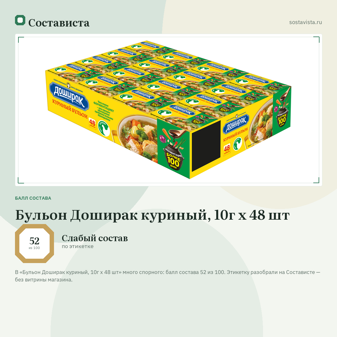 Бульон Доширак куриный, 10г x 48 шт: балл состава 52 из 100 — Состависта