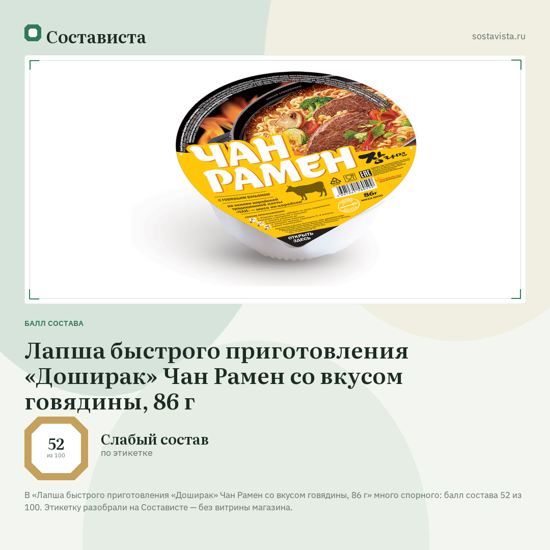 Лапша быстрого приготовления «Доширак» Чан Рамен со вкусом говядины, 86 г: балл состава 52 из 100 — Состависта