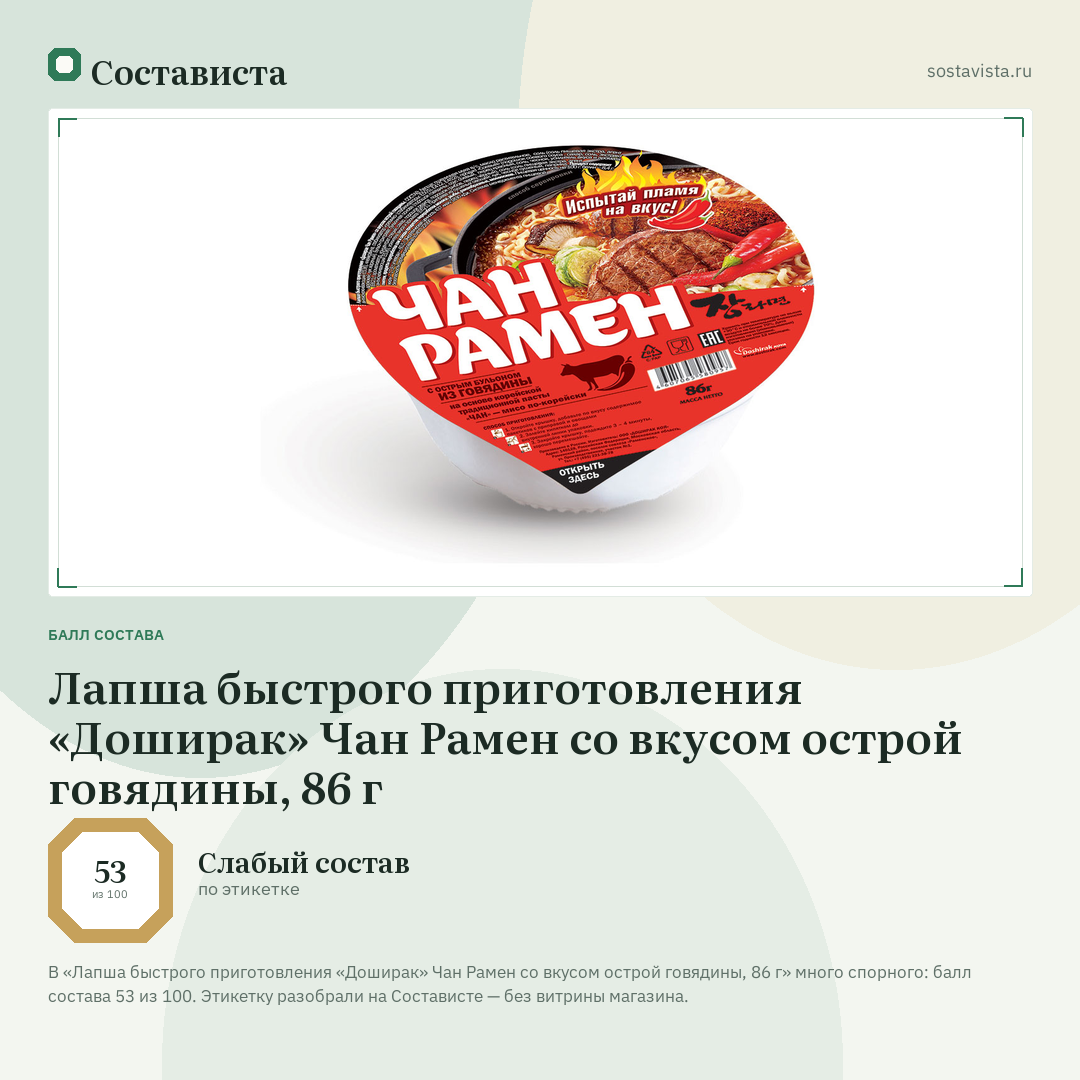 Лапша быстрого приготовления «Доширак» Чан Рамен со вкусом острой говядины, 86 г: балл состава 53 из 100 — Состависта