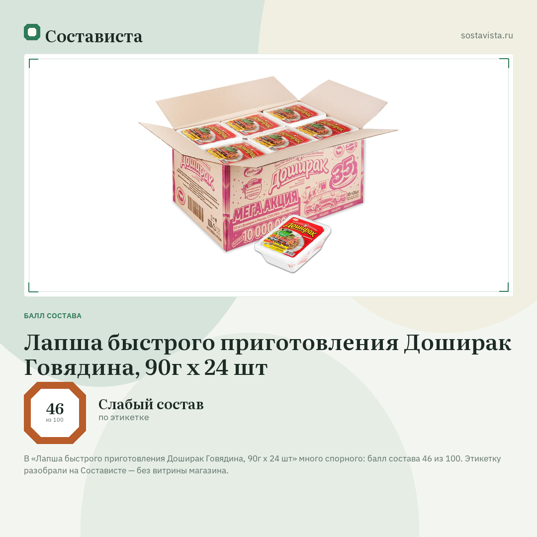 Лапша быстрого приготовления Доширак Говядина, 90г x 24 шт: балл состава 46 из 100 — Состависта