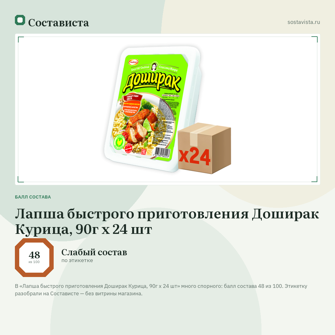 Лапша быстрого приготовления Доширак Курица, 90г x 24 шт: балл состава 48 из 100 — Состависта