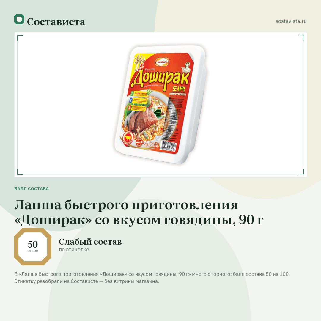 Лапша быстрого приготовления «Доширак» со вкусом говядины, 90 г: балл состава 50 из 100 — Состависта