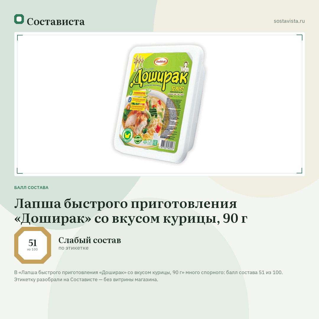 Лапша быстрого приготовления «Доширак» со вкусом курицы, 90 г: балл состава 51 из 100 — Состависта