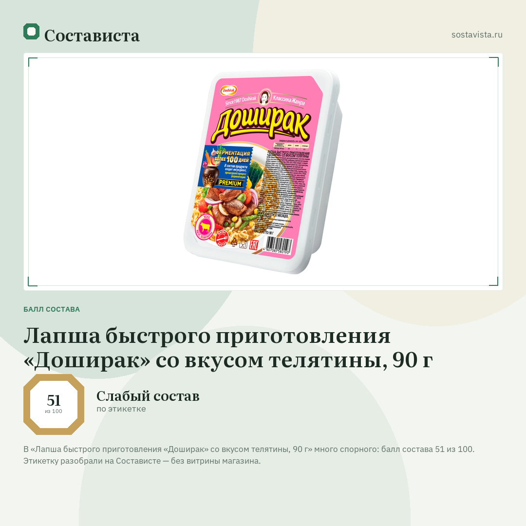 Лапша быстрого приготовления «Доширак» со вкусом телятины, 90 г: балл состава 51 из 100 — Состависта