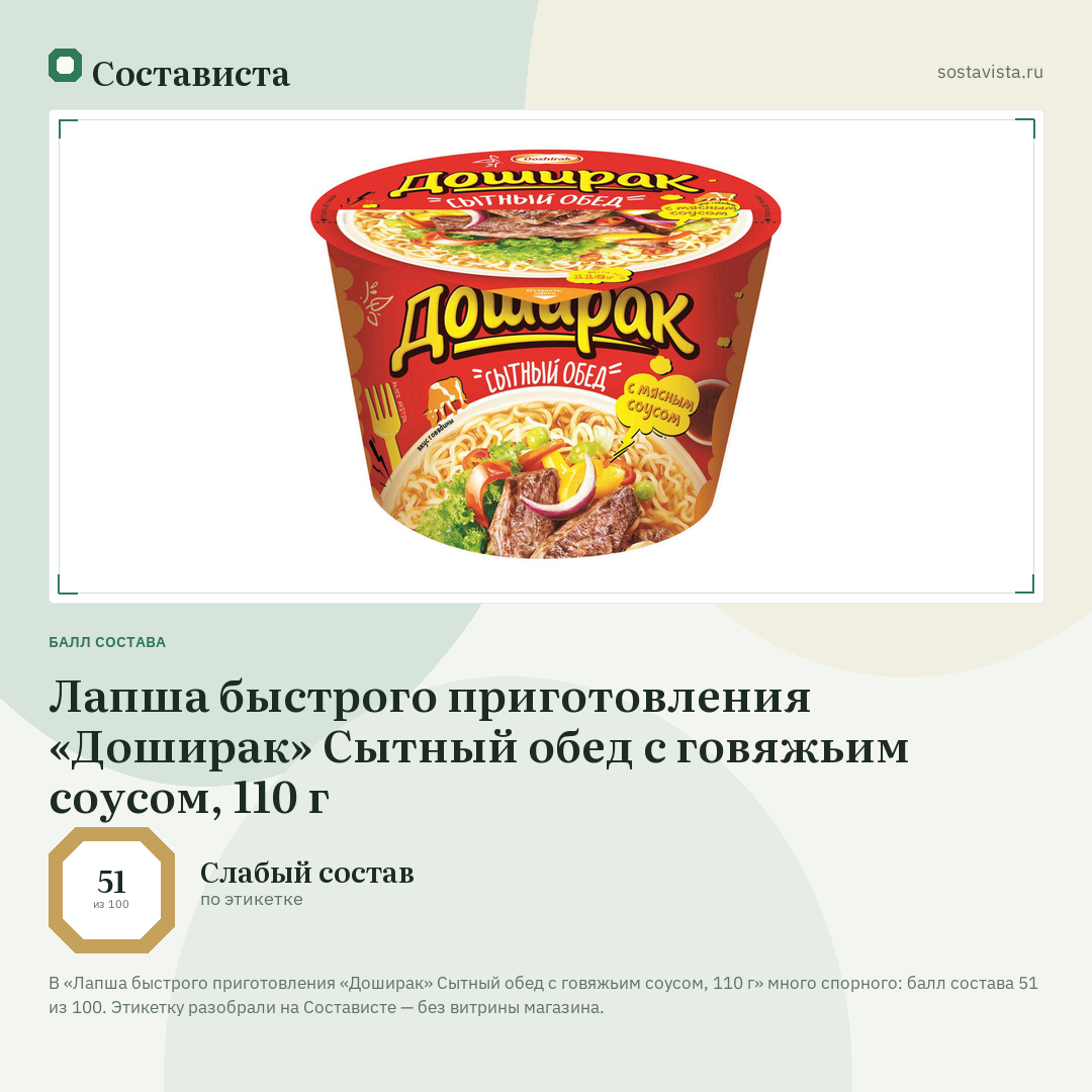 Лапша быстрого приготовления «Доширак» Сытный обед с говяжьим соусом, 110 г: балл состава 51 из 100 — Состависта