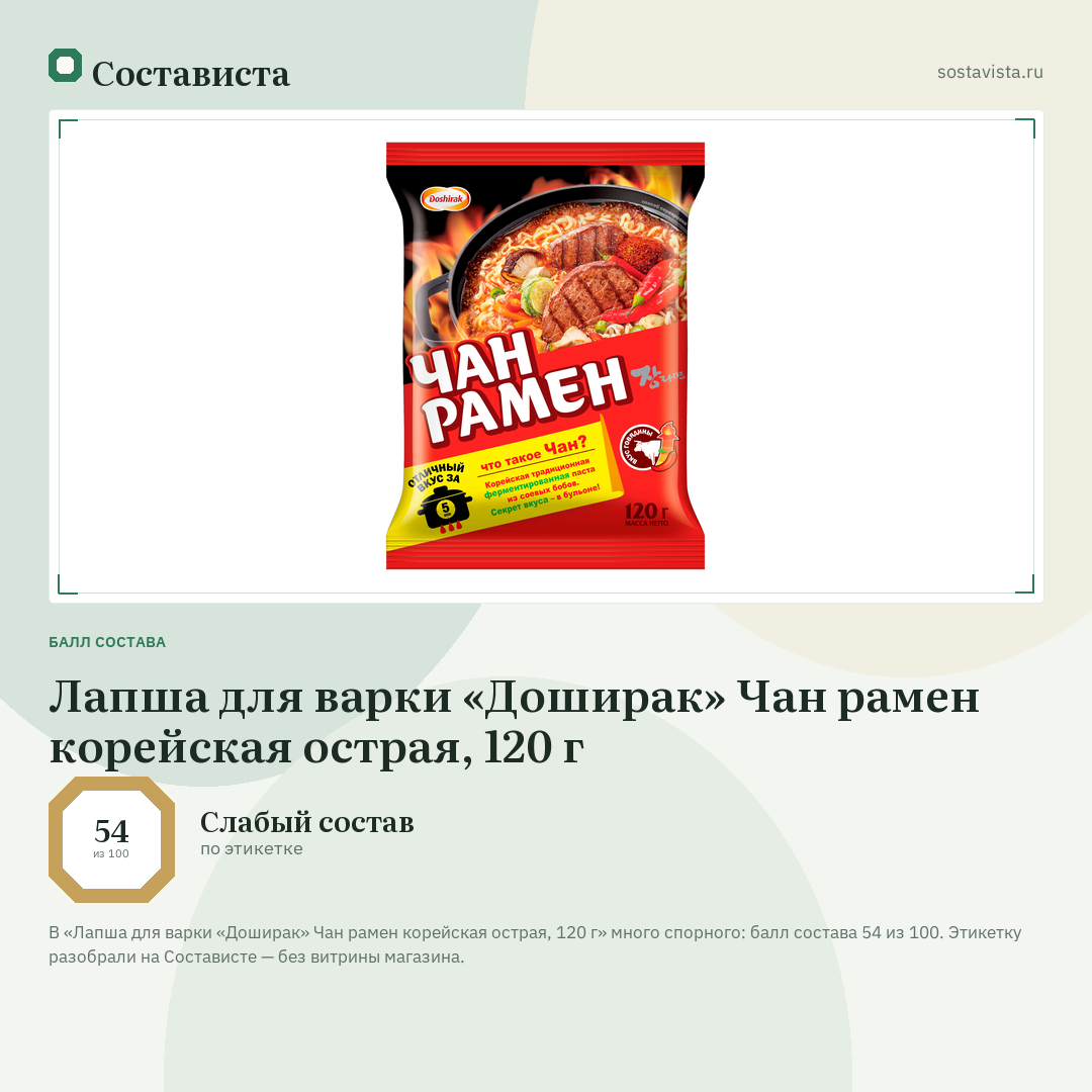 Лапша для варки «Доширак» Чан рамен корейская острая, 120 г: балл состава 54 из 100 — Состависта