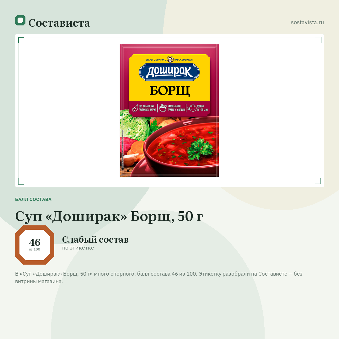 Суп «Доширак» Борщ, 50 г: балл состава 46 из 100 — Состависта