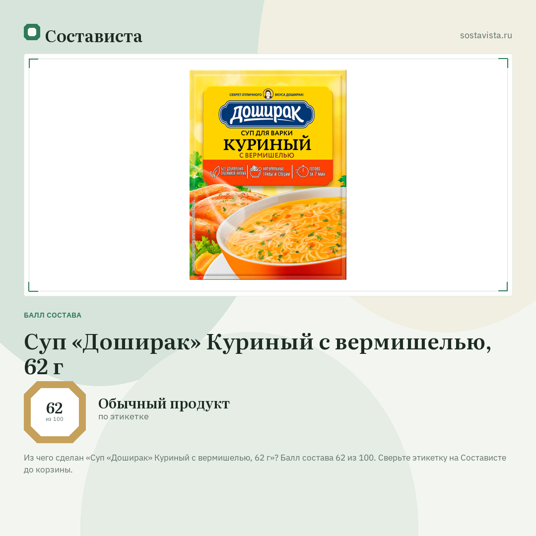 Суп «Доширак» Куриный с вермишелью, 62 г: балл состава 62 из 100 — Состависта