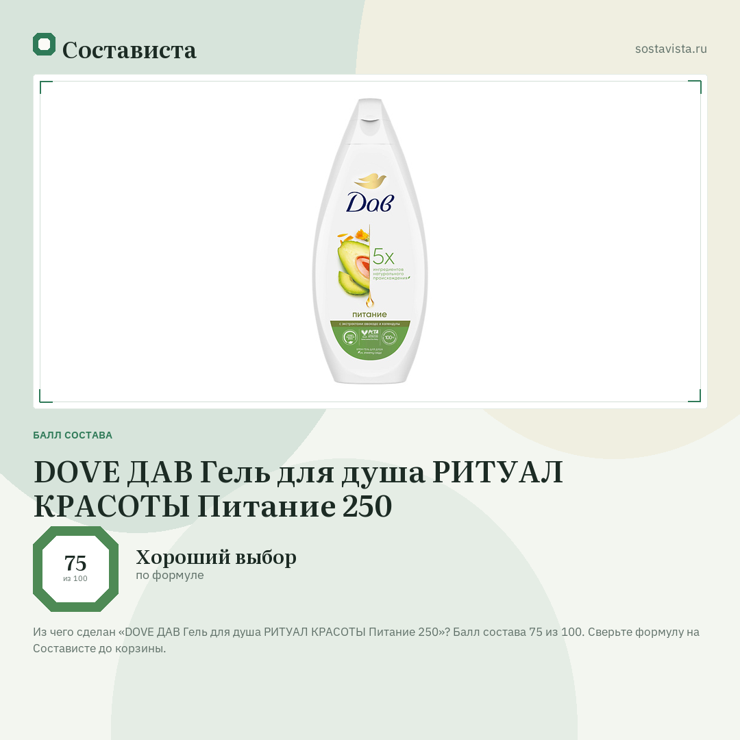 DOVE ДАВ Гель для душа РИТУАЛ КРАСОТЫ Питание 250: балл состава 75 из 100 — Состависта