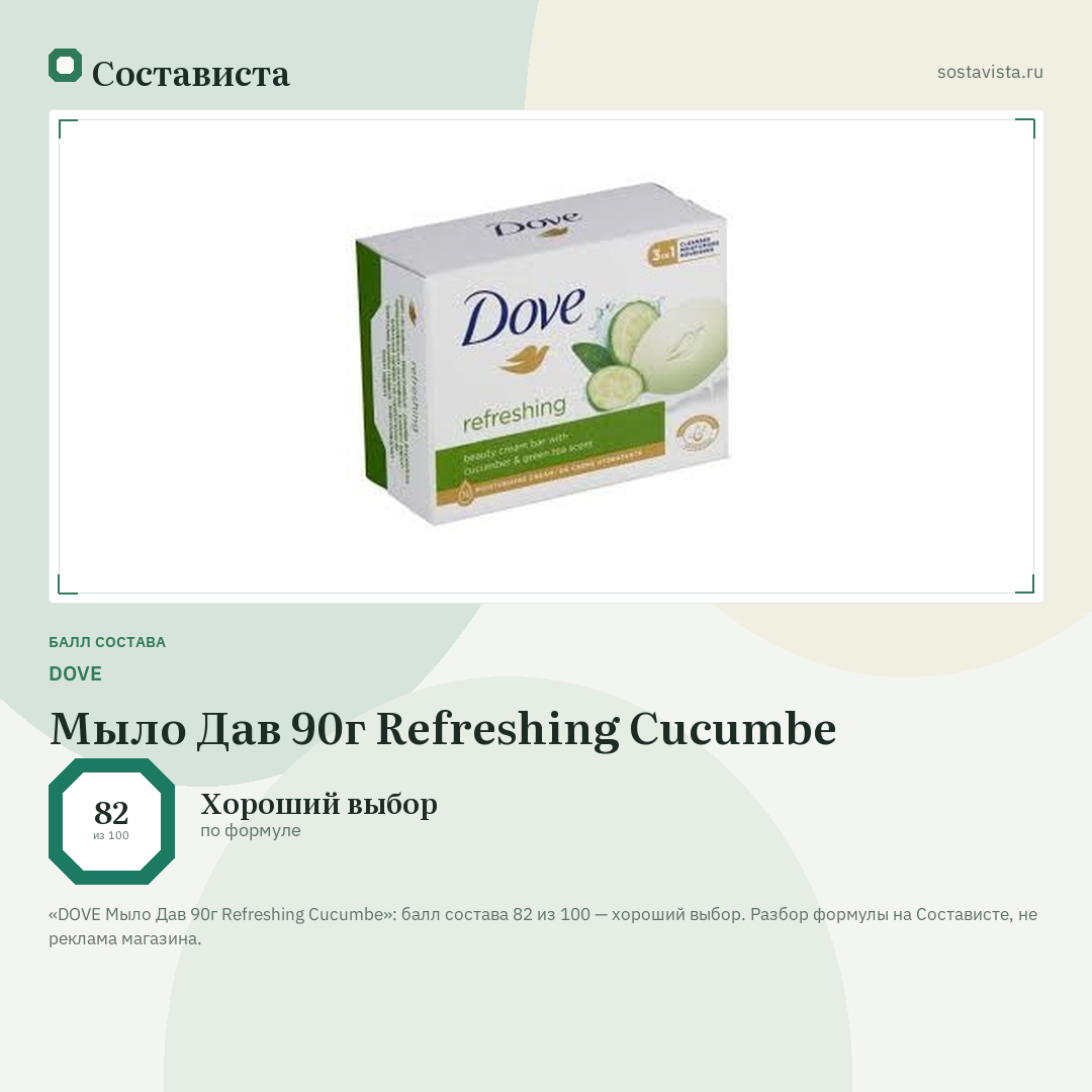 DOVE Мыло Дав 90г Refreshing Cucumbe: балл состава 82 из 100 — Состависта