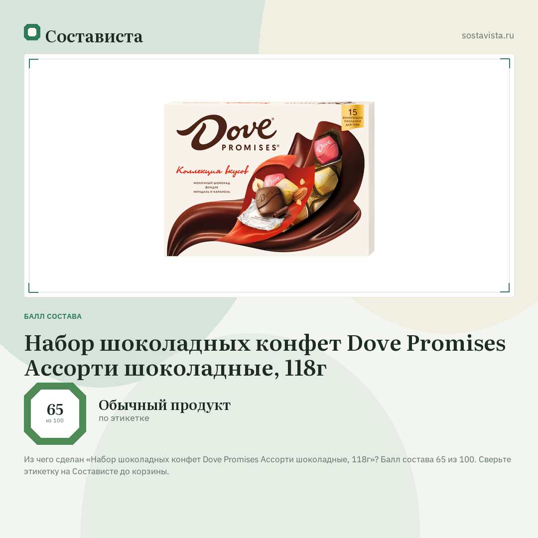 Набор шоколадных конфет Dove Promises Ассорти шоколадные, 118г: балл состава 65 из 100 — Состависта