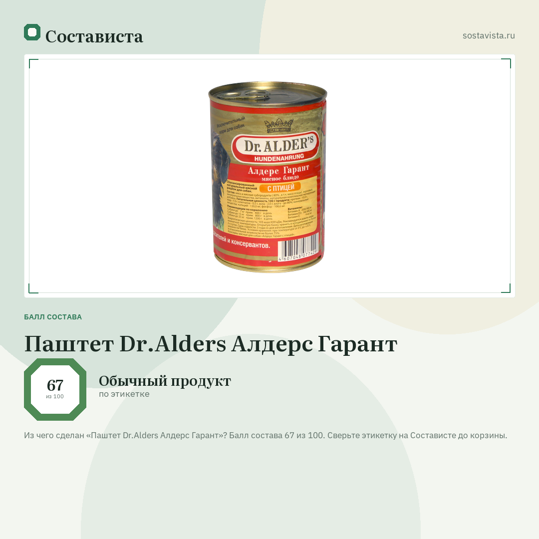 Паштет Dr.Alders Алдерс Гарант: балл состава 67 из 100 — Состависта