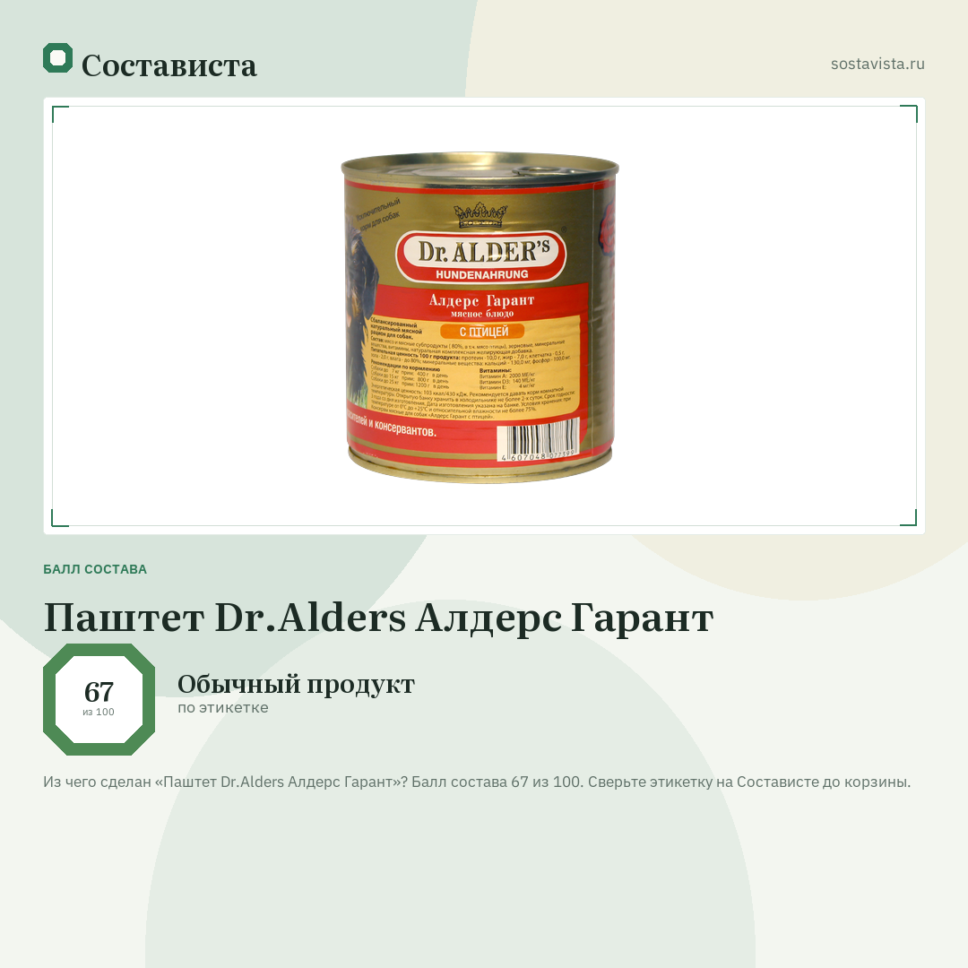 Паштет Dr.Alders Алдерс Гарант: балл состава 67 из 100 — Состависта