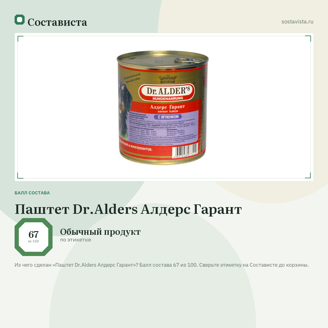 Паштет Dr.Alders Алдерс Гарант: балл состава 67 из 100 — Состависта