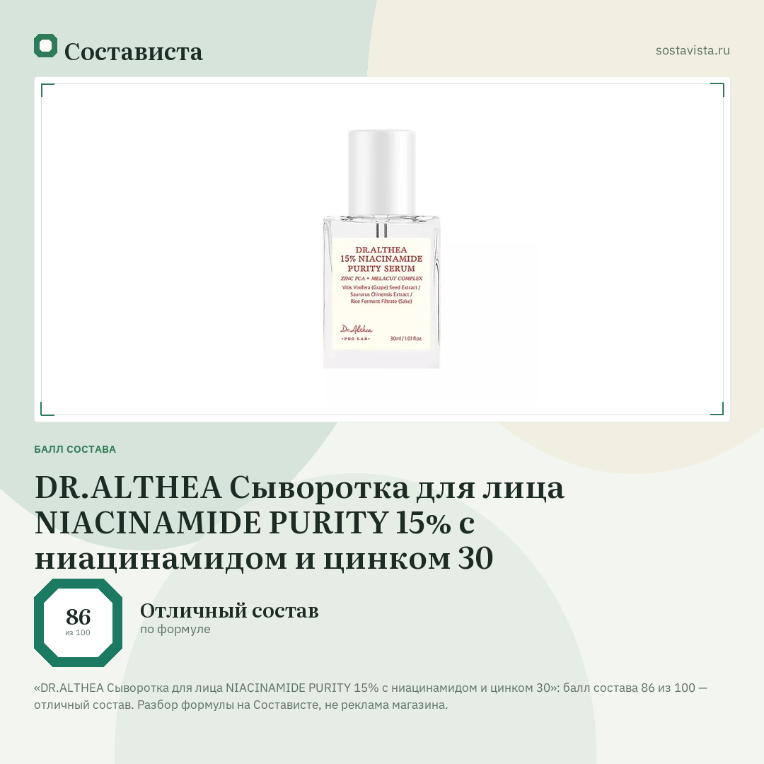 DR.ALTHEA Сыворотка для лица NIACINAMIDE PURITY 15% с ниацинамидом и цинком 30: балл состава 86 из 100 — Состависта
