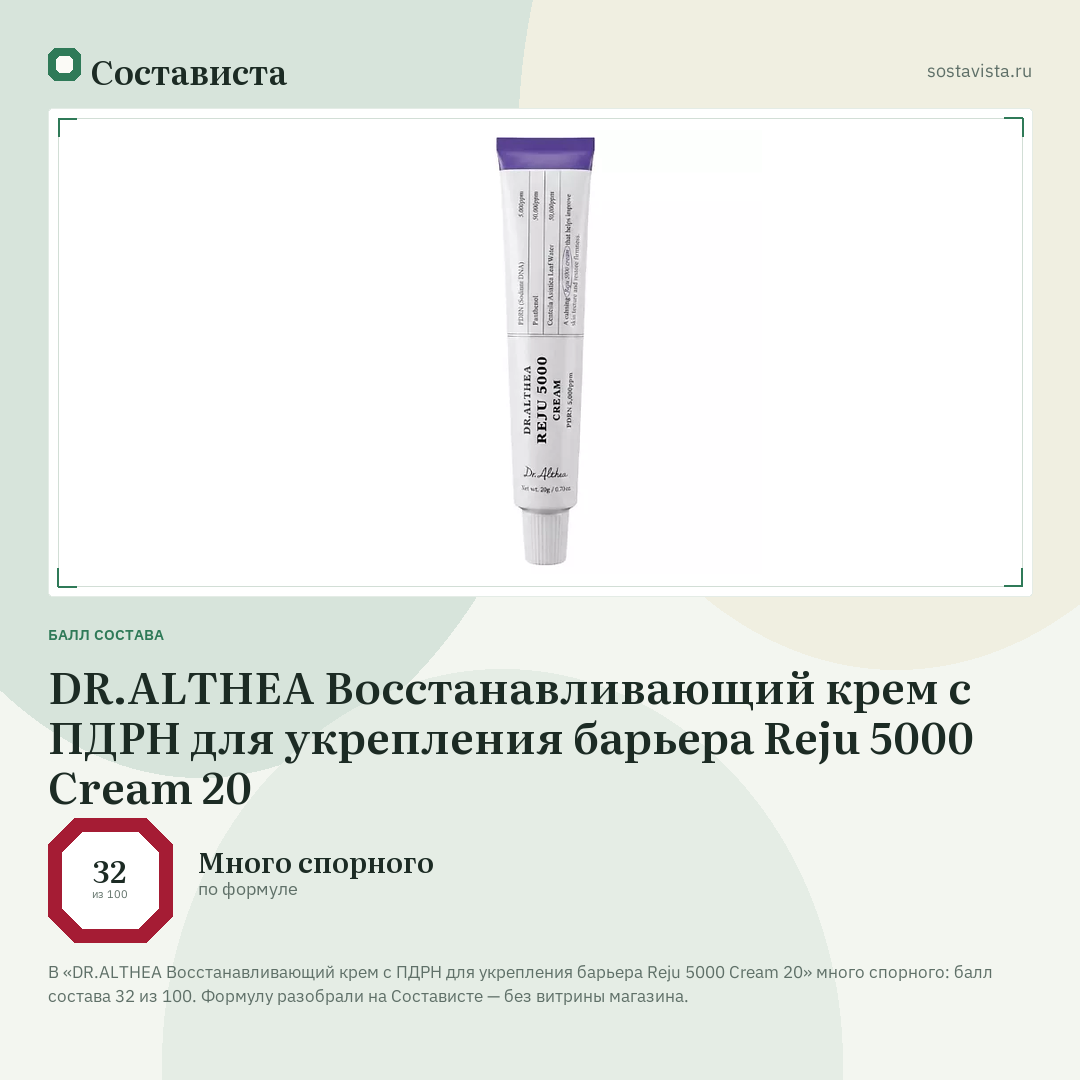 DR.ALTHEA Восстанавливающий крем с ПДРН для укрепления барьера Reju 5000 Cream 20: балл состава 32 из 100 — Состависта