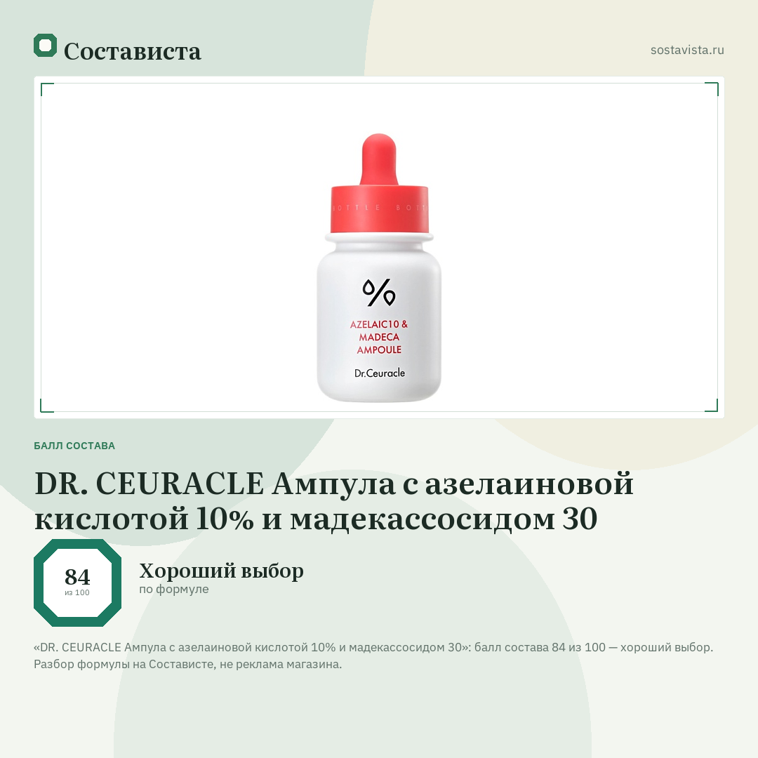DR. CEURACLE Ампула с азелаиновой кислотой 10% и мадекассосидом 30: балл состава 84 из 100 — Состависта