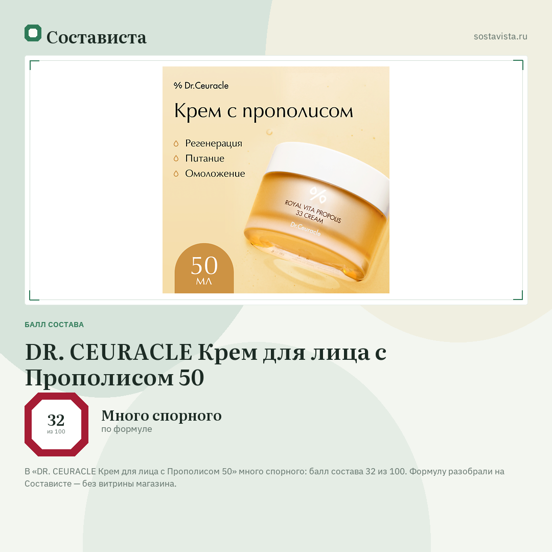 DR. CEURACLE Крем для лица с Прополисом 50: балл состава 32 из 100 — Состависта