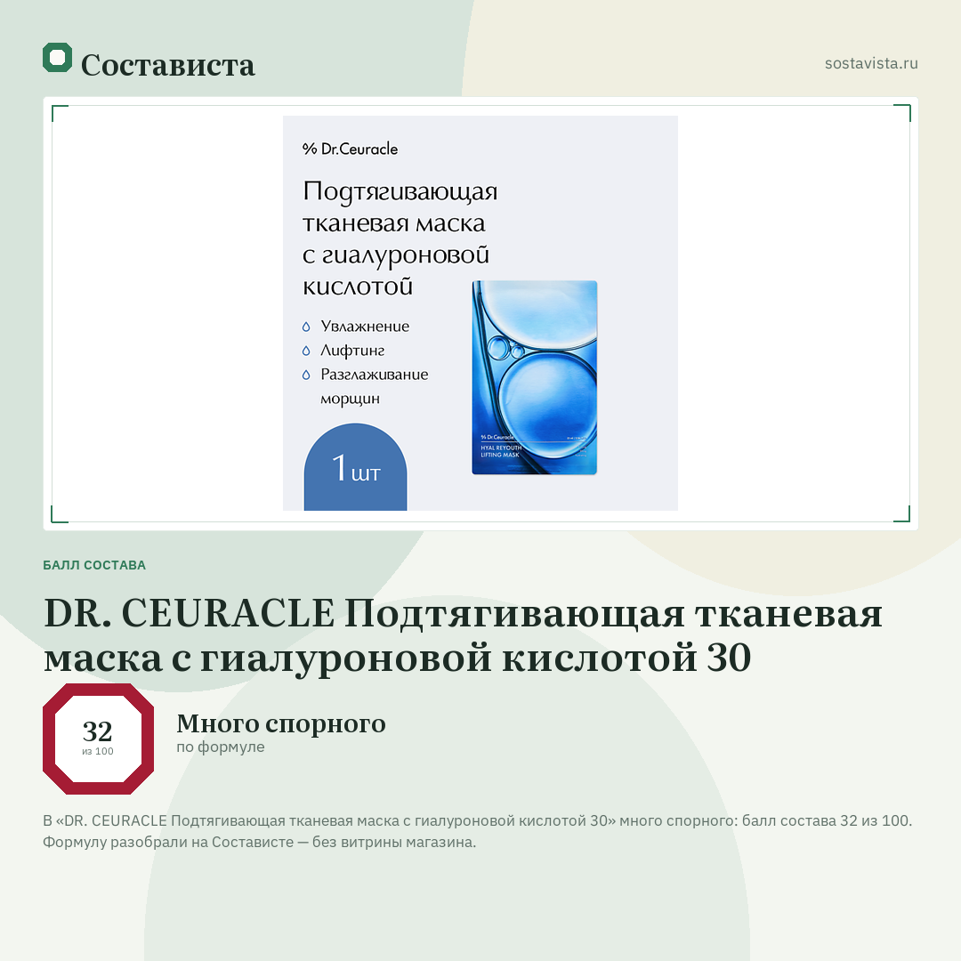 DR. CEURACLE Подтягивающая тканевая маска с гиалуроновой кислотой 30: балл состава 32 из 100 — Состависта
