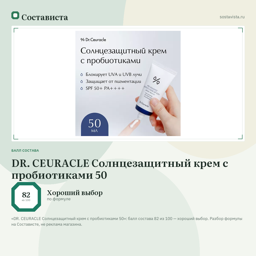 DR. CEURACLE Солнцезащитный крем с пробиотиками 50: балл состава 82 из 100 — Состависта