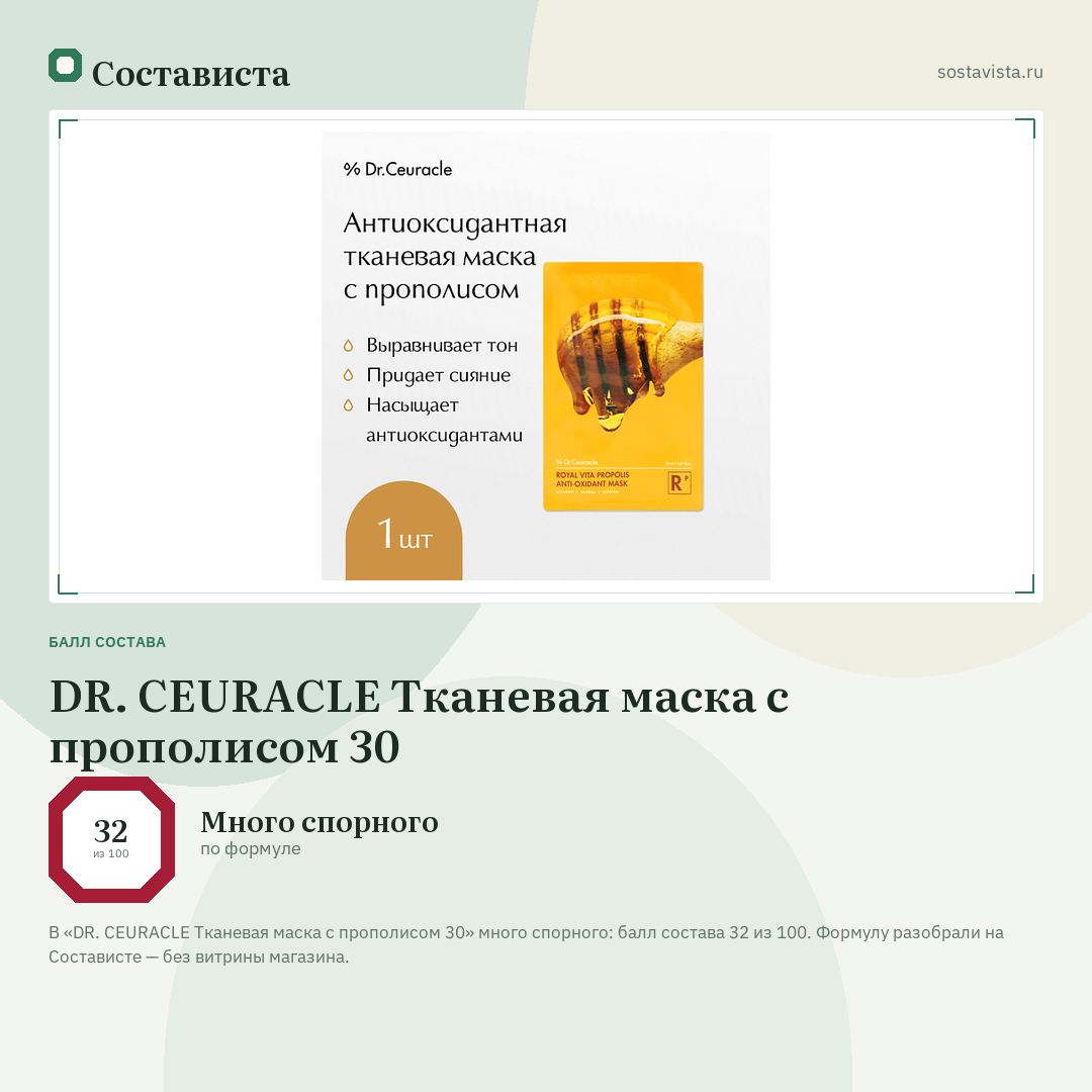 DR. CEURACLE Тканевая маска с прополисом 30: балл состава 32 из 100 — Состависта