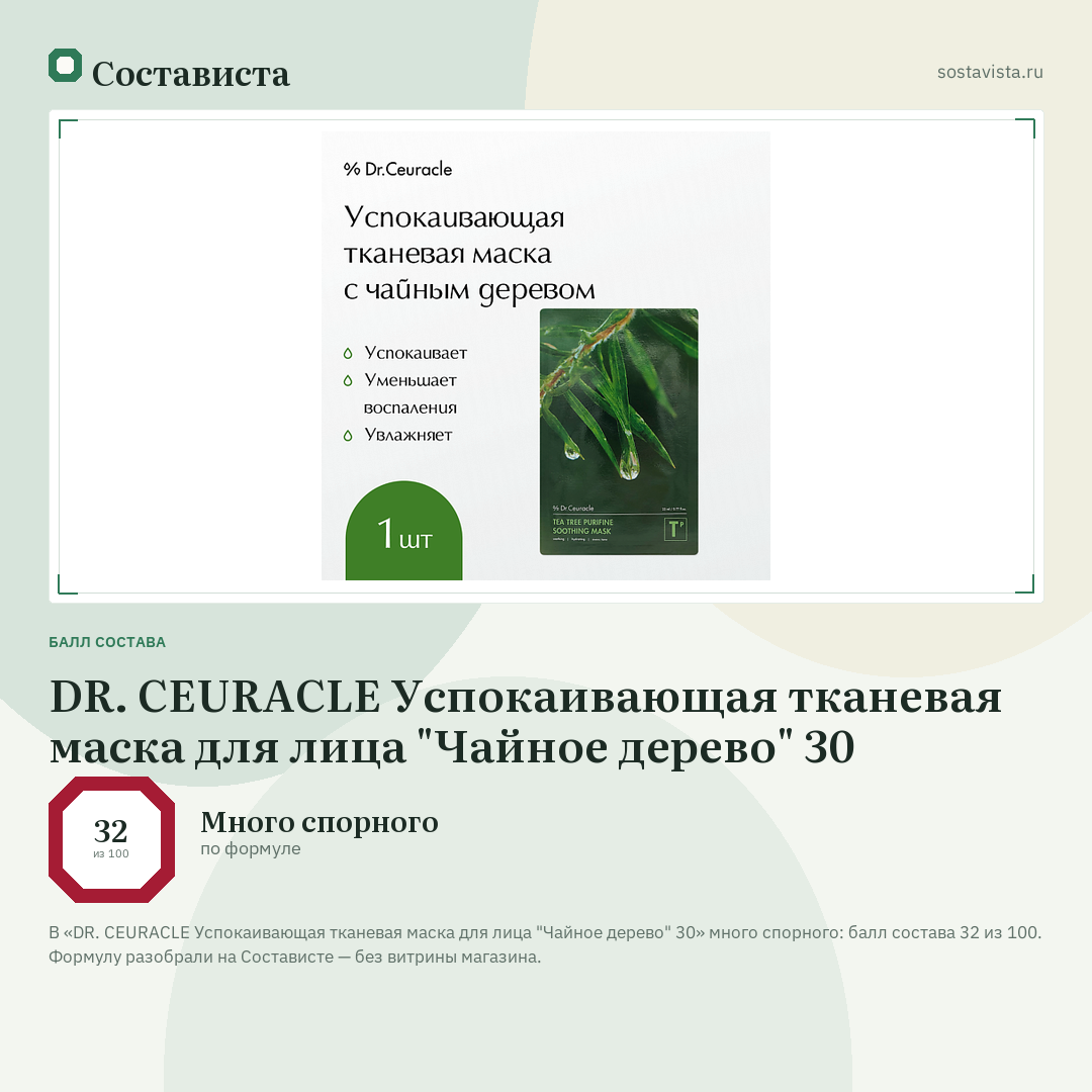 DR. CEURACLE Успокаивающая тканевая маска для лица "Чайное дерево" 30: балл состава 32 из 100 — Состависта