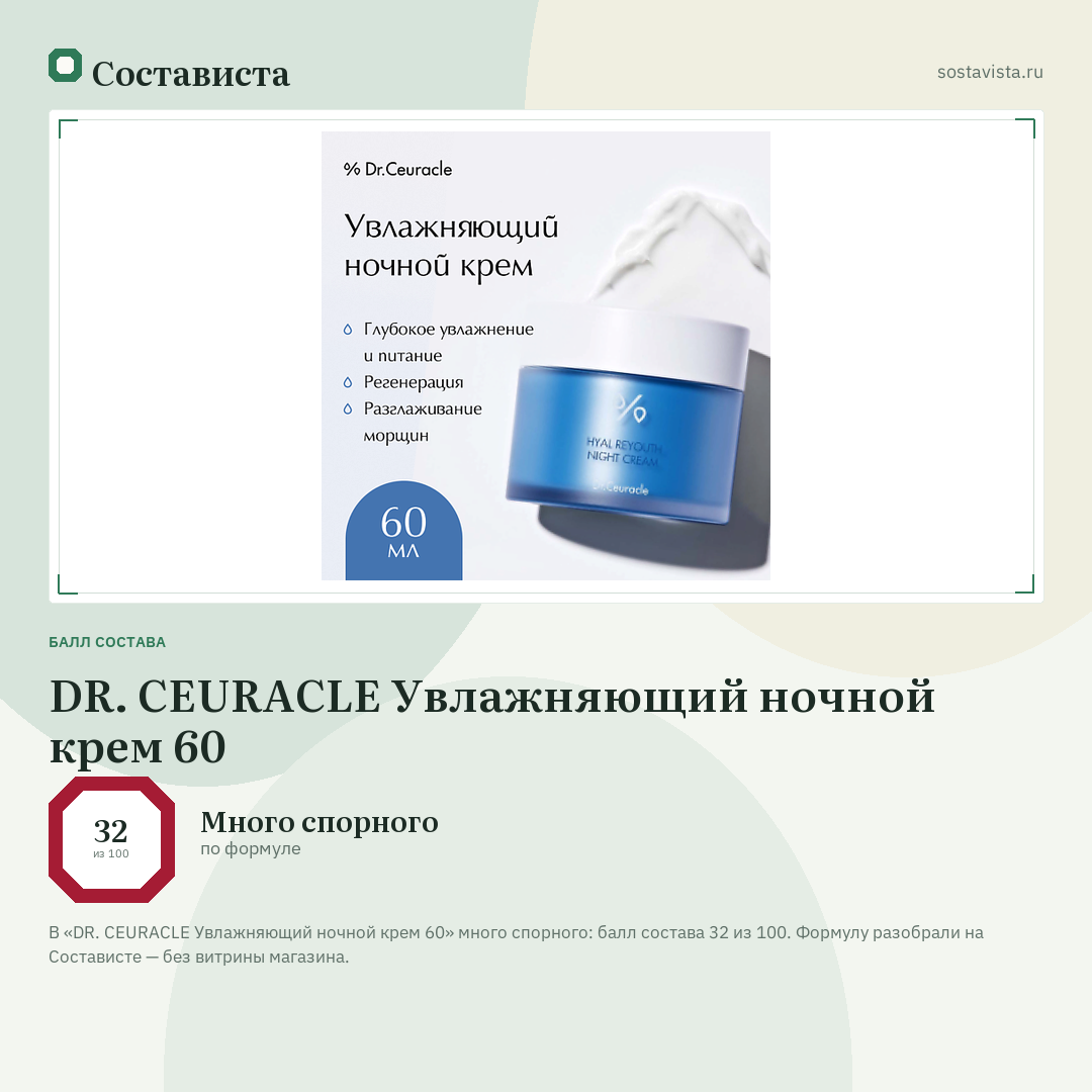DR. CEURACLE Увлажняющий ночной крем 60: балл состава 32 из 100 — Состависта