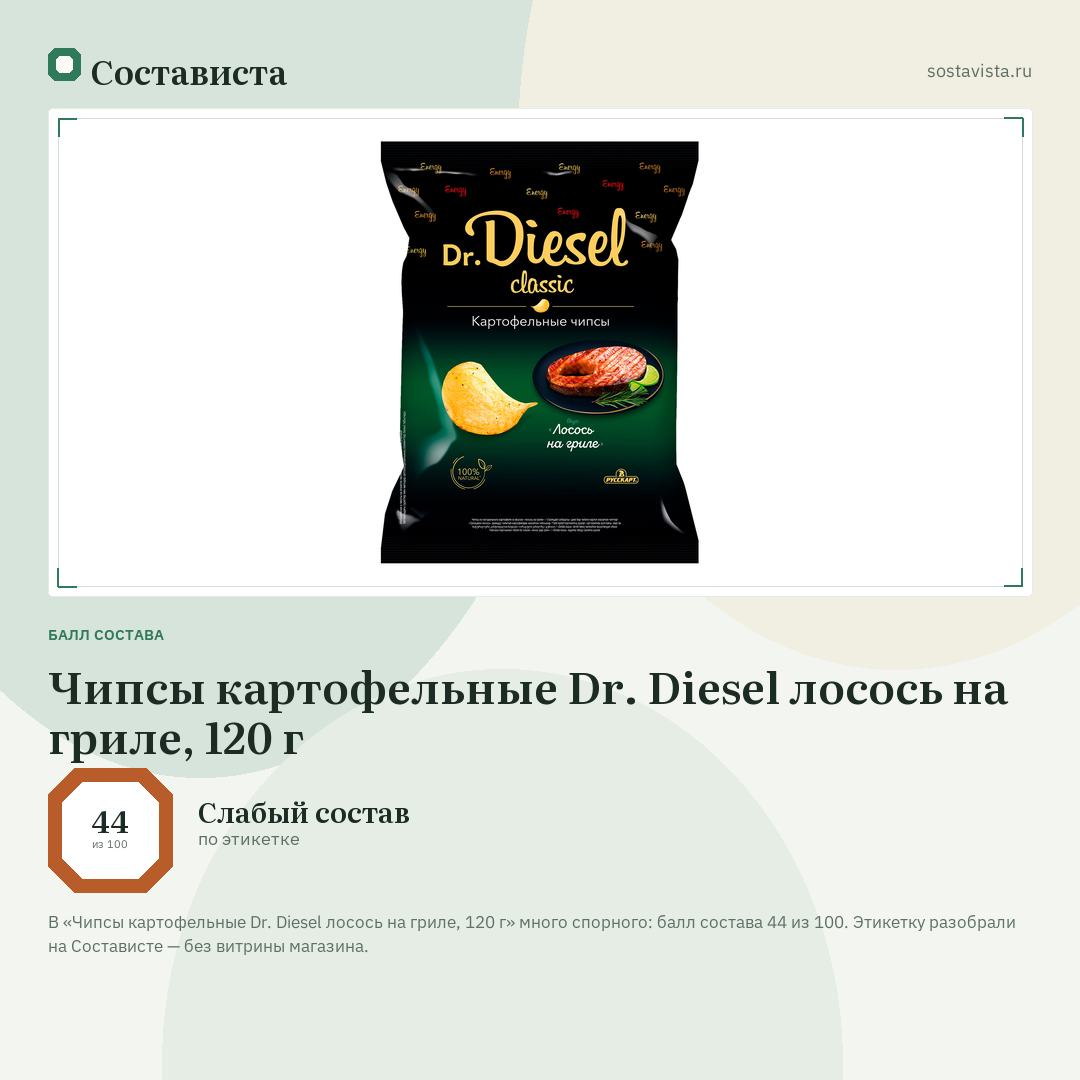 Чипсы картофельные Dr. Diesel лосось на гриле, 120 г: балл состава 44 из 100 — Состависта