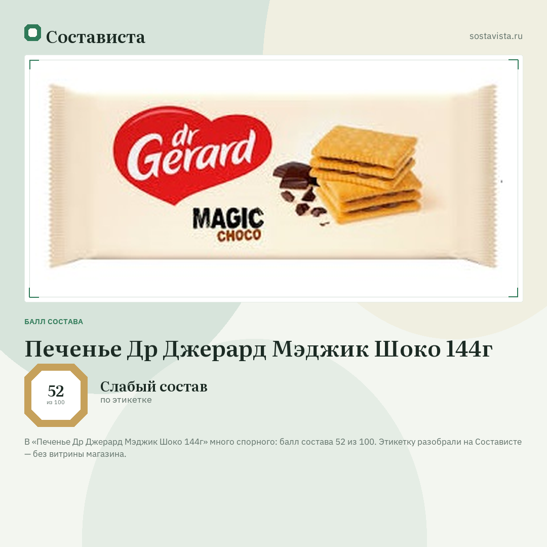 Печенье Др Джерард Мэджик Шоко 144г: балл состава 52 из 100 — Состависта