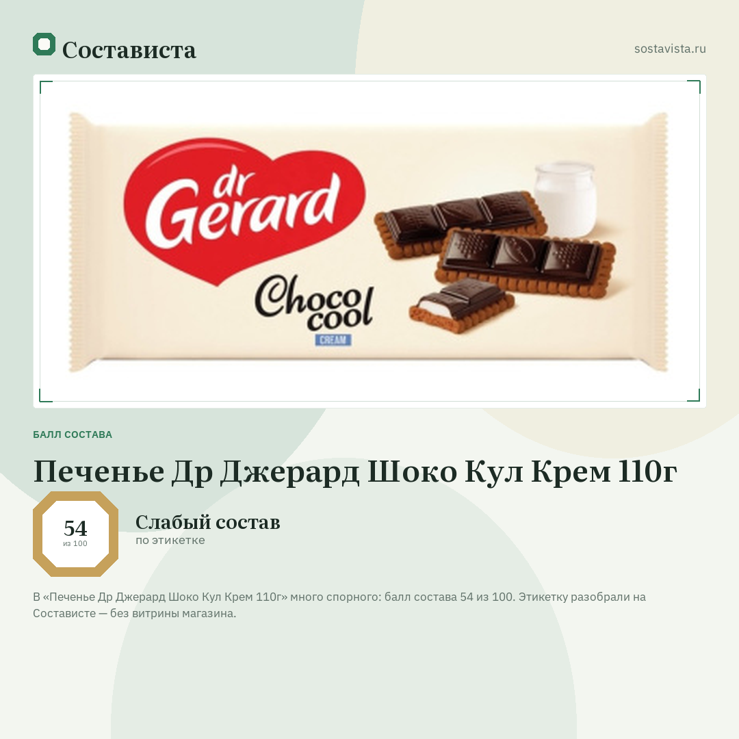 Печенье Др Джерард Шоко Кул Крем 110г: балл состава 54 из 100 — Состависта