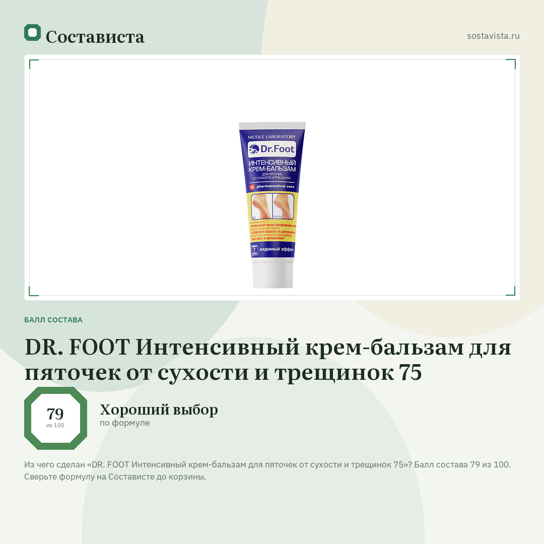DR. FOOT Интенсивный крем-бальзам для пяточек от сухости и трещинок 75: балл состава 79 из 100 — Состависта