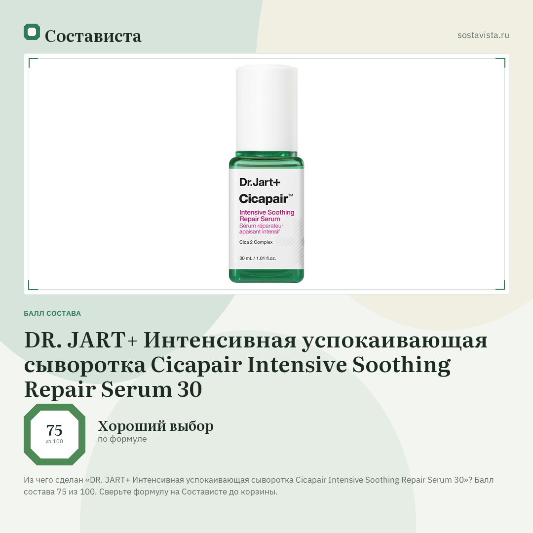 DR. JART+ Интенсивная успокаивающая сыворотка Cicapair Intensive Soothing Repair Serum 30: балл состава 75 из 100 — Состависта