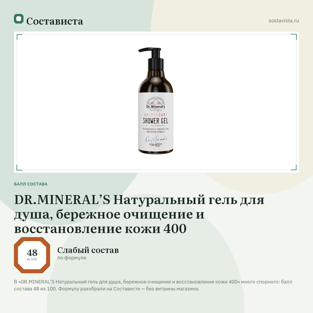 DR.MINERAL’S Натуральный гель для душа, бережное очищение и восстановление кожи 400: балл состава 48 из 100 — Состависта