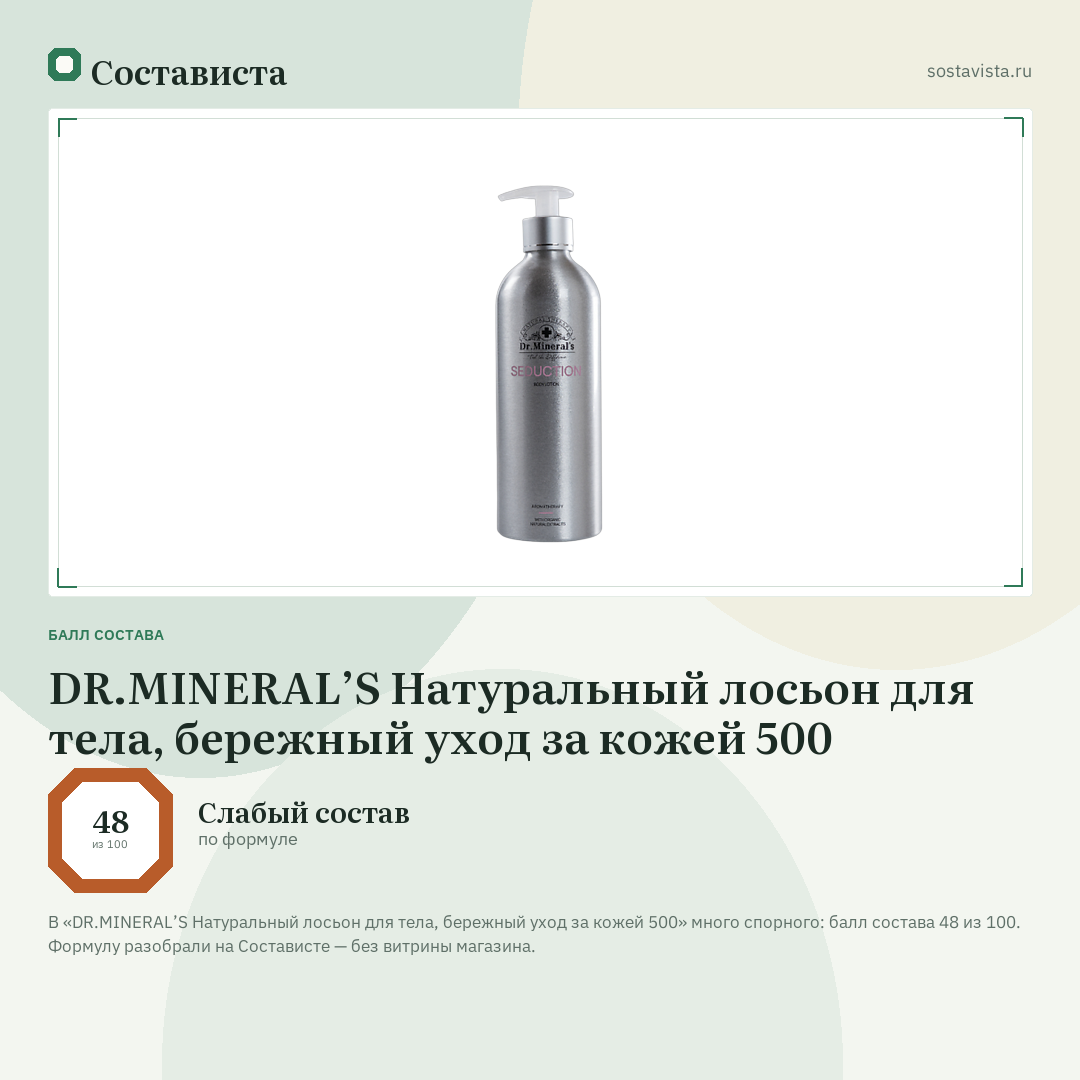 DR.MINERAL’S Натуральный лосьон для тела, бережный уход за кожей 500: балл состава 48 из 100 — Состависта