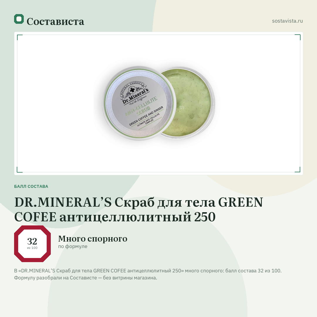 DR.MINERAL’S Скраб для тела GREEN COFEE антицеллюлитный 250: балл состава 32 из 100 — Состависта