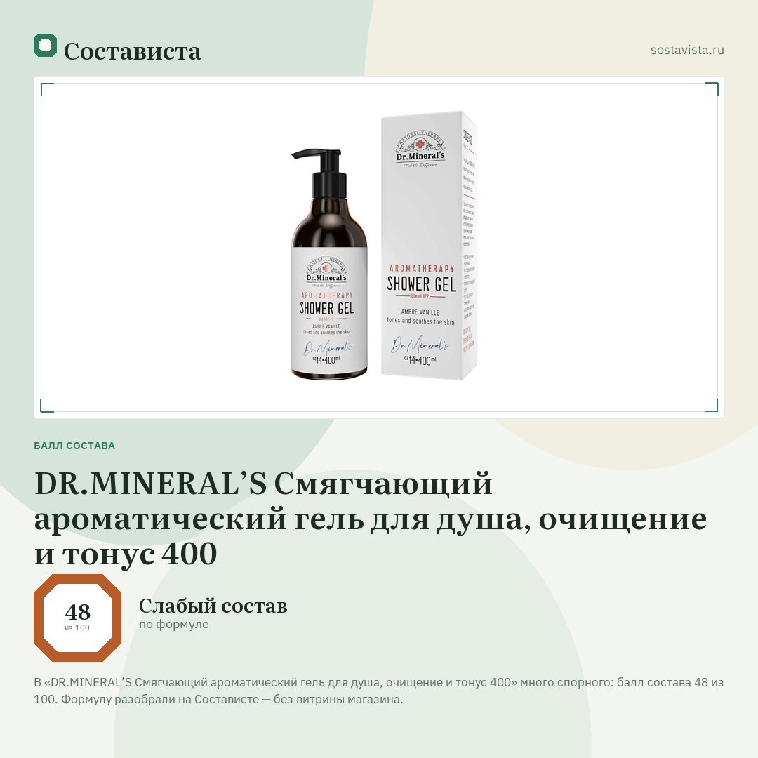 DR.MINERAL’S Смягчающий ароматический гель для душа, очищение и тонус 400: балл состава 48 из 100 — Состависта