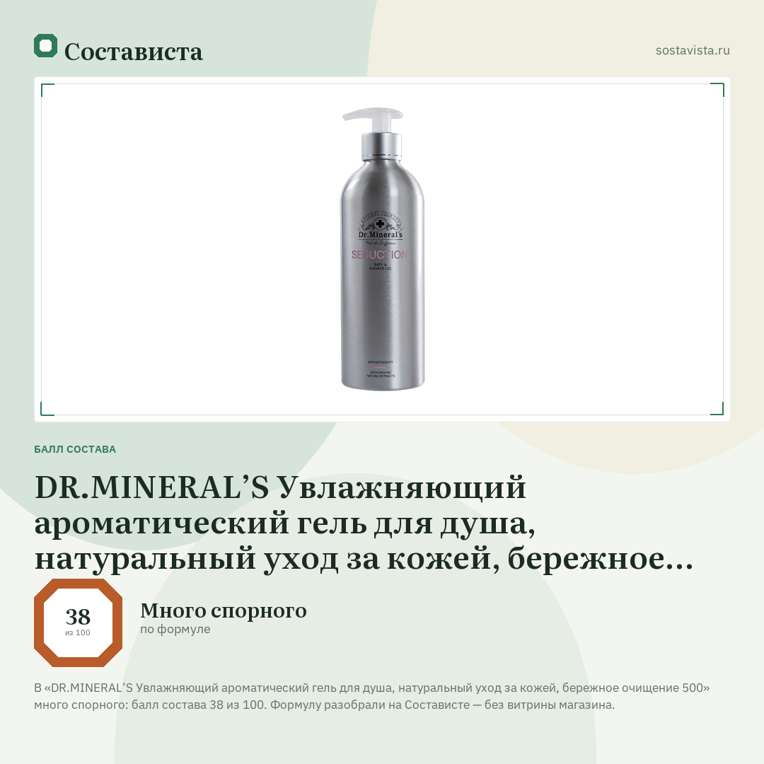 DR.MINERAL’S Увлажняющий ароматический гель для душа, натуральный уход за кожей, бережное очищение 500: балл состава 38 из 100 — Состависта