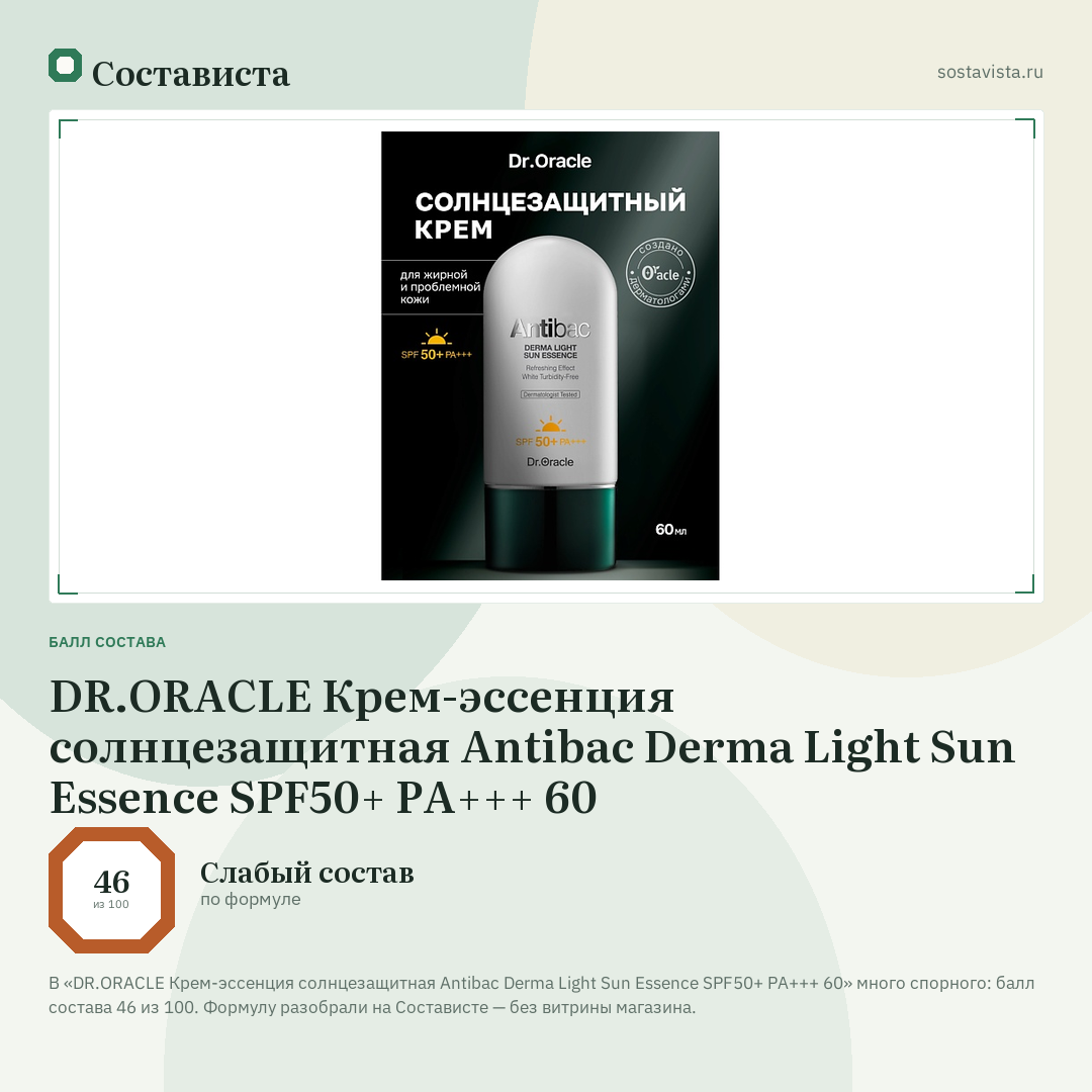 DR.ORACLE Крем-эссенция солнцезащитная Antibac Derma Light Sun Essence SPF50+ РА+++ 60: балл состава 46 из 100 — Состависта