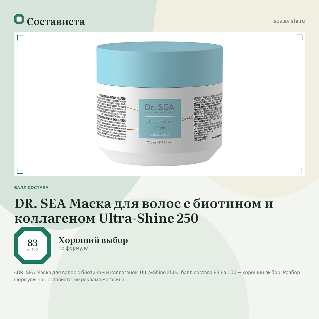 DR. SEA Маска для волос с биотином и коллагеном Ultra-Shine 250: балл состава 83 из 100 — Состависта