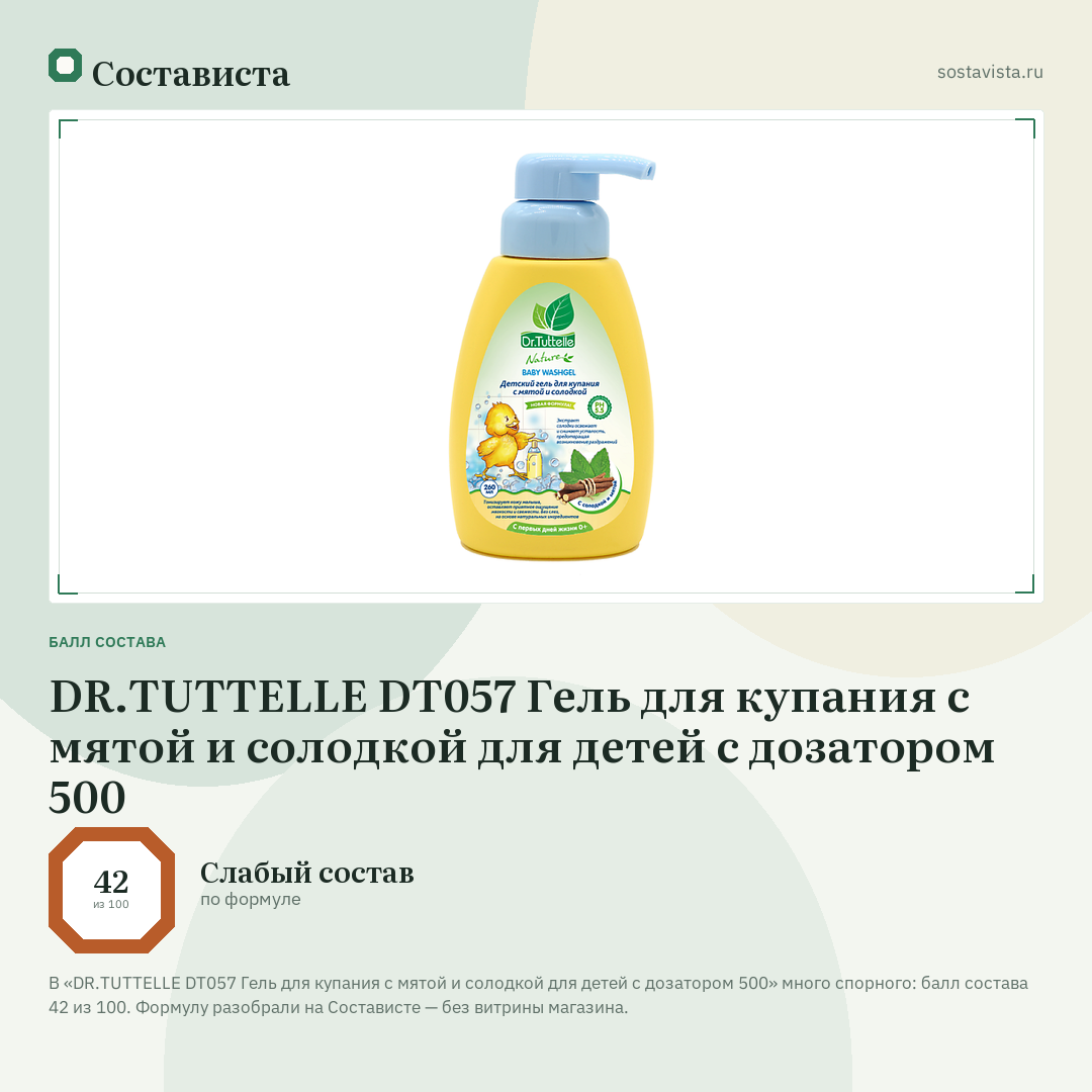 DR.TUTTELLE DT057 Гель для купания с мятой и солодкой для детей с дозатором 500: балл состава 42 из 100 — Состависта