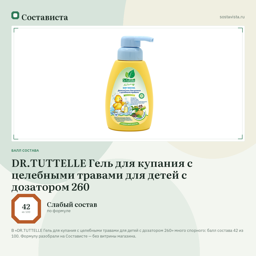 DR.TUTTELLE Гель для купания с целебными травами для детей с дозатором 260: балл состава 42 из 100 — Состависта