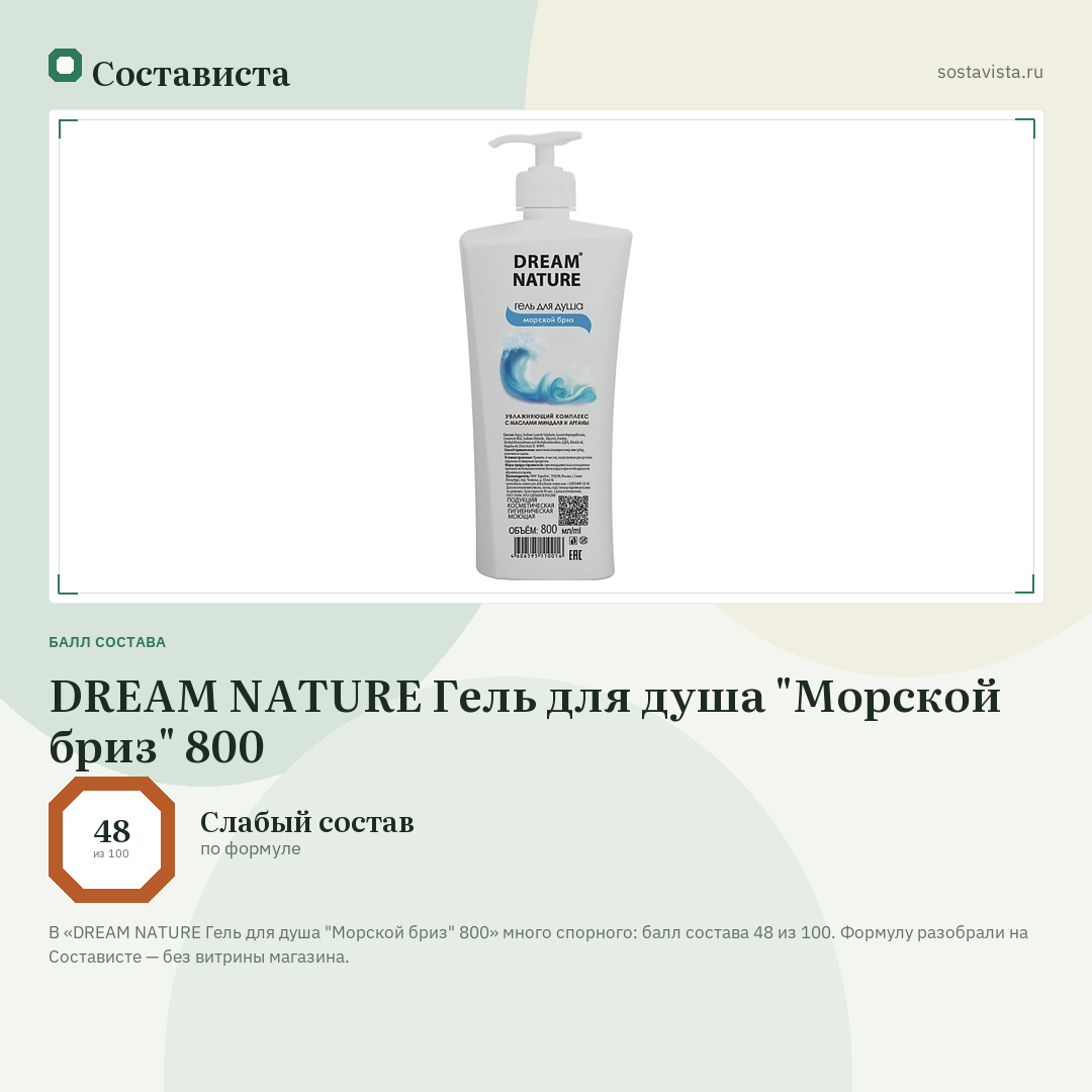 DREAM NATURE Гель для душа "Морской бриз" 800: балл состава 48 из 100 — Состависта