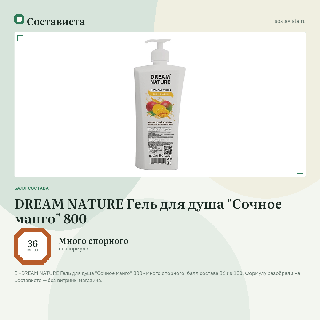 DREAM NATURE Гель для душа "Сочное манго" 800: балл состава 36 из 100 — Состависта
