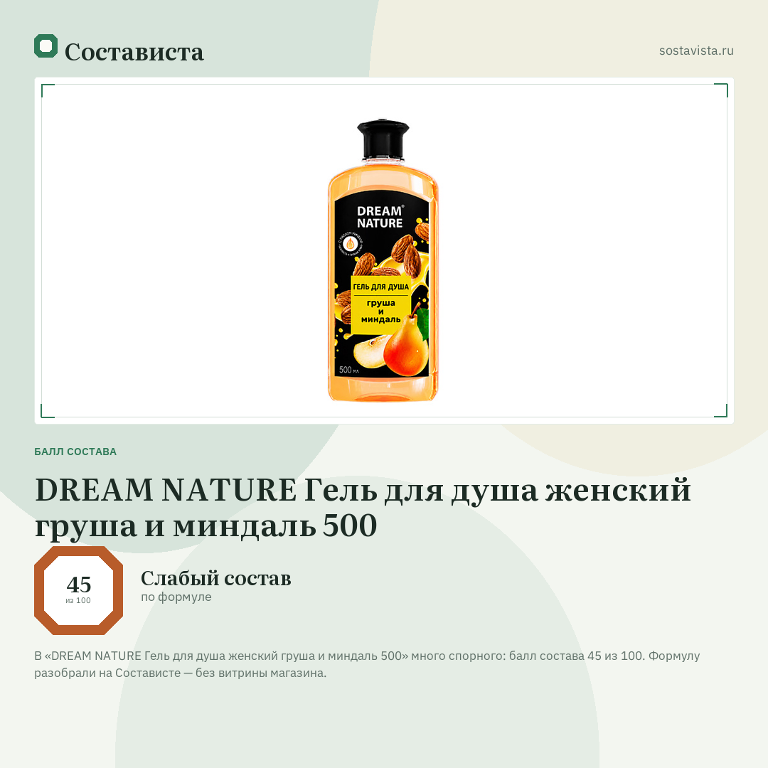 DREAM NATURE Гель для душа женский груша и миндаль 500: балл состава 45 из 100 — Состависта