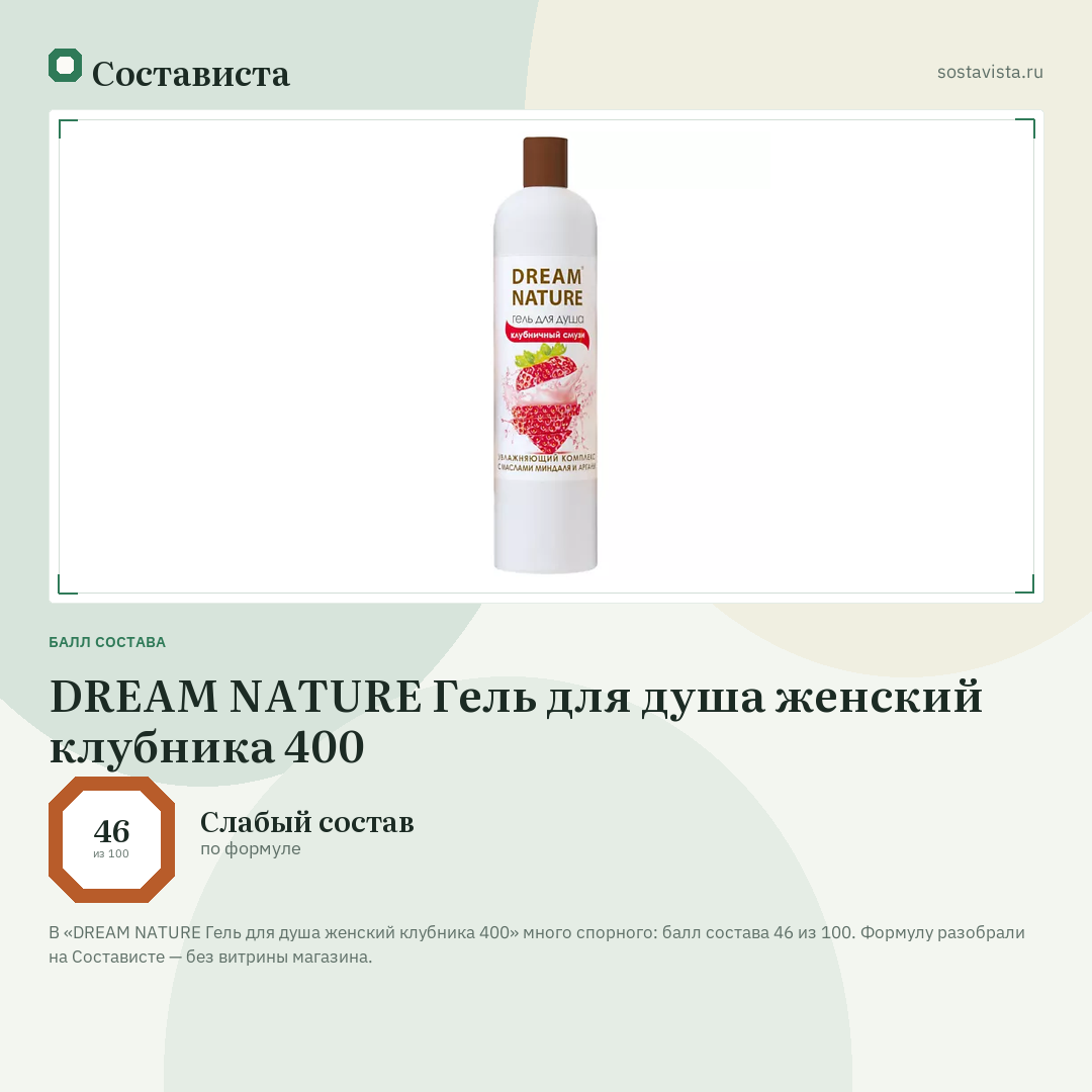 DREAM NATURE Гель для душа женский клубника 400: балл состава 46 из 100 — Состависта