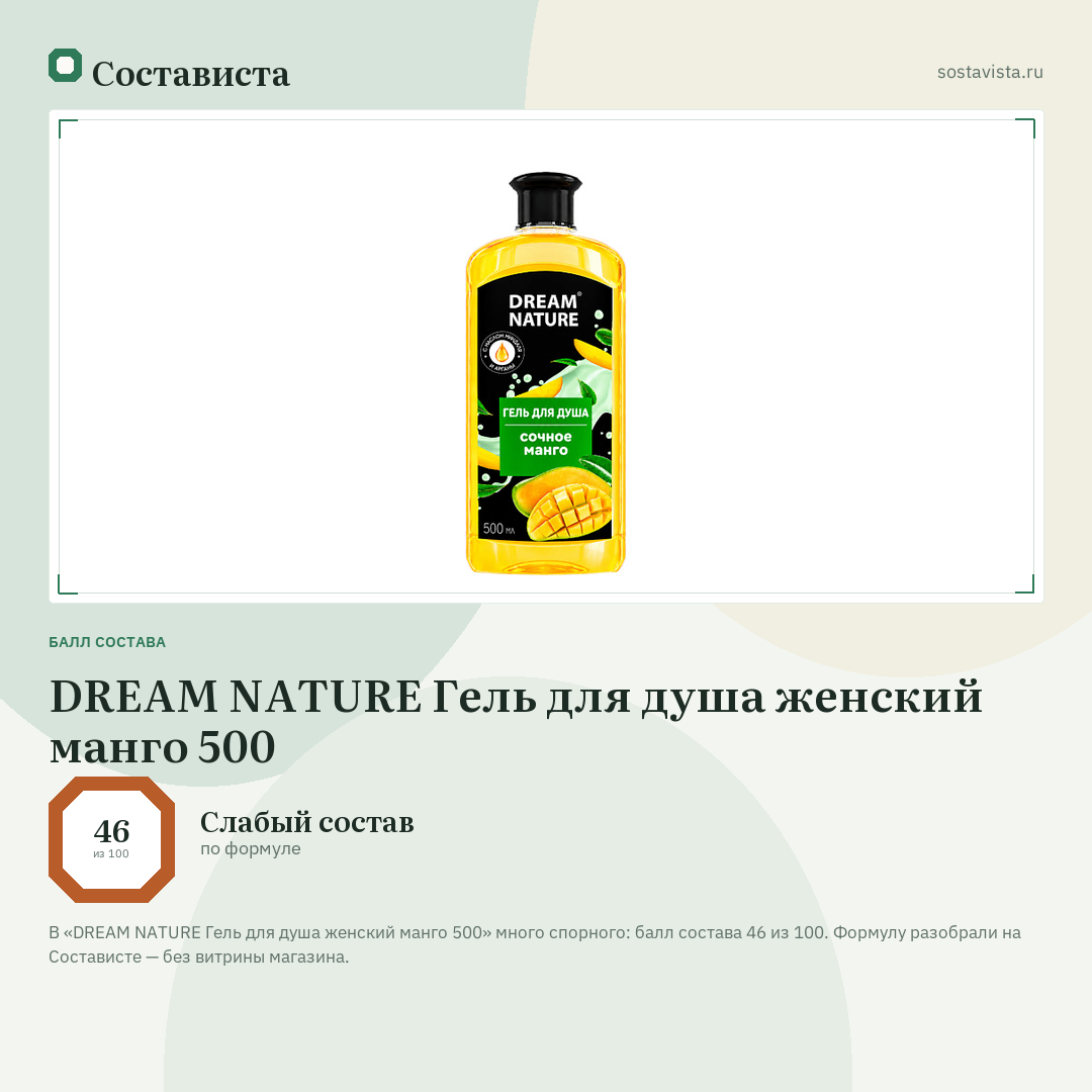 DREAM NATURE Гель для душа женский манго 500: балл состава 46 из 100 — Состависта